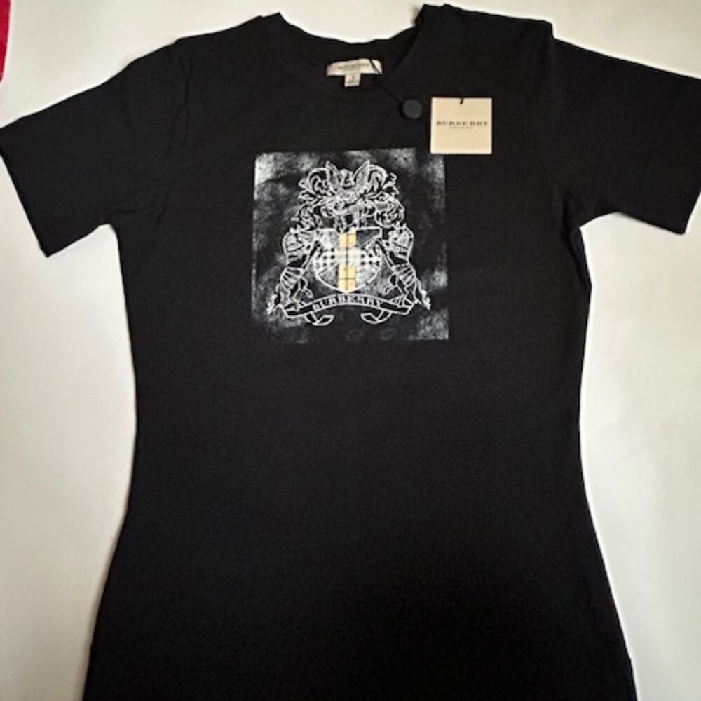 Brand New Authentic BURBERRY Women Luxury Black Logo Fitted Top -Shirt Size S/XS